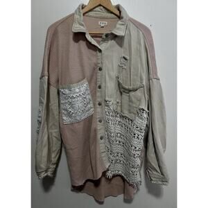 VTG POL Button Up Shirt Women's L Cream Long Sleeve 100% Cotton 90s BOHO Grunge